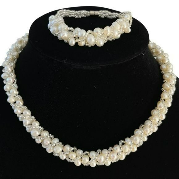 White Freshwater Pearls With Crystals Woven Thread Necklace Set Magnetic Clasp - Picture 2 of 8